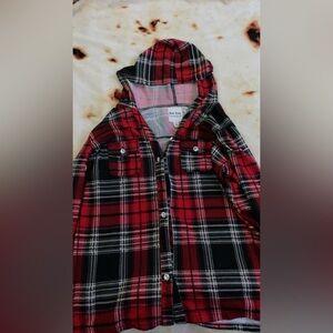 flannel-pattern sweater + button up w/ jewels , hood
